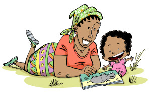 Mother sharing a wordless picture book with child