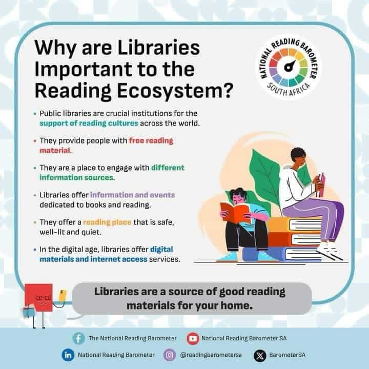 Why are libraries so important to South Africa’s reading ecosystem?

As we close South African Library Week, we’re reminded of the vital role libraries play in building a culture of reading.

In 2023, the National Reading Barometer South Africa highlighted six reasons why libraries remain essential spaces for reading, learning and community connection. From access to books and information to safe spaces for children to grow and learn, libraries help build a nation of readers. 

Tell us: How can parents, caregivers, teachers, ECD practitioners, librarians, community organisations, NGOs, government, businesses and young people help libraries become more functional and impactful?

Share your ideas in the comments.

#SALibraryWeek #LibrariesTransform #ReadingForJoy #Nalibali #LiteracyForAll