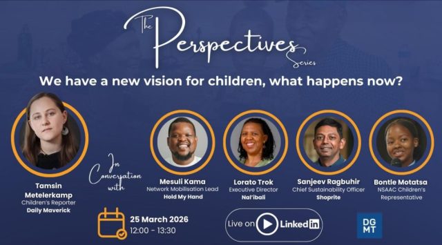 Happening this afternoon! 

Join an incredible panel of leaders and advocates for children as they unpack a critical question: We have a new vision for children, what happens now?

Featuring Mesuli Kama, Lorato Trok, Sanjeev Raghubir, Bontle Motatsa, and moderated by @dailymaverick’s Tamsin Metelerkamp.

🗓 25 March 2026
🕛 12:00 – 13:30
📍 Live on LinkedIn

Don’t miss this important conversation about the future of children in South Africa. Set your reminder and join us live this afternoon. 

#Nalibali #DGMT #HoldMyHand #DailyMaverick #Shoprite