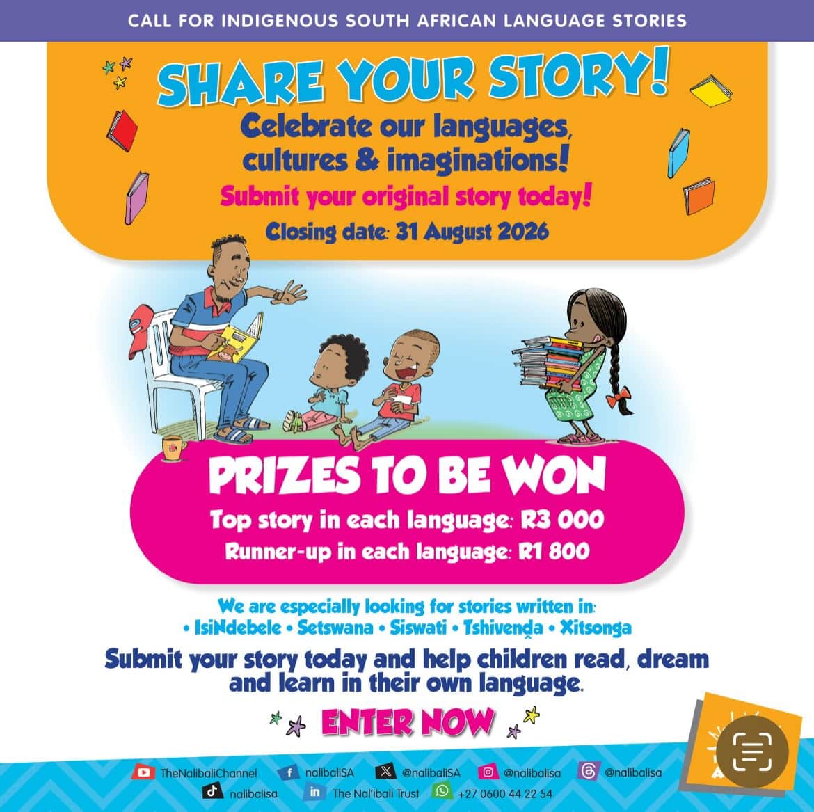 Today we officially launch the Call for Indigenous South African Language Stories! 

We invite storytellers, writers, parents, grandparents, and community members to share original stories that celebrate our languages, cultures, and imagination. 

Stories help children read, dream, learn, and see themselves reflected in the books they read.

The story submission page is now live. 

Please submit your story here:
nalibali.org/a-call-for-stories

Submit your story and stand a chance to WIN!

Closing date is 31 August 2026.

#Nalibali #ShareYourStory #AfricanLanguages #Storytelling #ReadingForEnjoyment