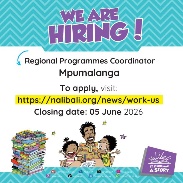 Last chance to apply!

Today is the final day to submit your application for the Mpumalanga Regional Programmes Coordinator position.

If you are passionate about children’s literacy, community development, and creating opportunities for young readers to thrive, we would love to hear from you.

Don’t miss this opportunity to be part of the our movement and help spark a love of reading across Mpumalanga.

Email your CV and motivation to work@nalibali.org.

Apply today before the deadline closes.

#Nalibali #JobOpportunity #MpumalangaJobs #LiteracyForAll #ForEveryChildAStory