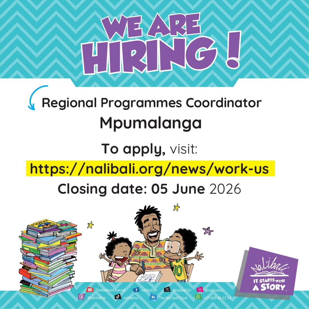 Last chance to apply!

Today is the final day to submit your application for the Mpumalanga Regional Programmes Coordinator position.

If you are passionate about children’s literacy, community development, and creating opportunities for young readers to thrive, we would love to hear from you.

Don’t miss this opportunity to be part of the our movement and help spark a love of reading across Mpumalanga.

Email your CV and motivation to work@nalibali.org.

Apply today before the deadline closes.

#Nalibali #JobOpportunity #MpumalangaJobs #LiteracyForAll #ForEveryChildAStory