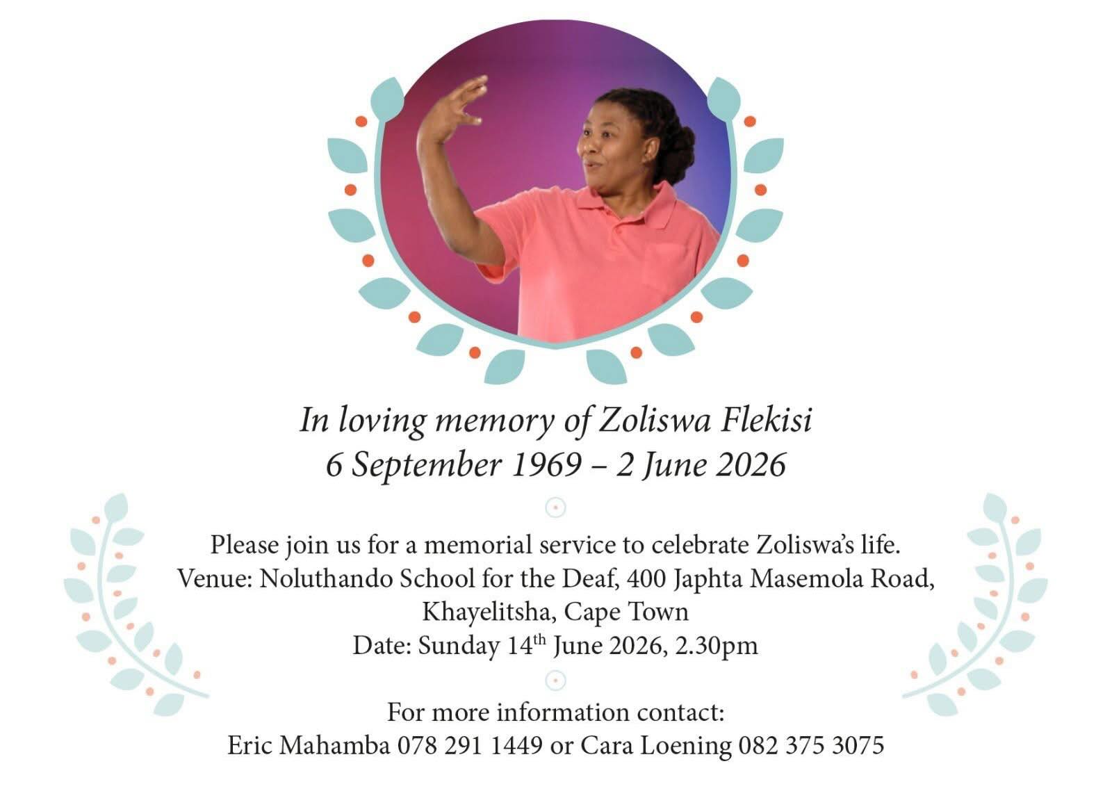 We are saddened by the passing of Mme Zoliswa Flekisi.

At Nal’ibali, we had the privilege of working with Mme Zoliswa through the South African Sign Language content developed in collaboration with SLED. Her contribution helped make stories more accessible to Deaf children and families, advancing our shared vision of inclusive literacy.

Most recently, Mme Zoliswa brought our 2026 World Read Aloud Day story, A New Friend, to life through her South African Sign Language reading, helping ensure that more children could experience the joy of stories in a language that speaks to them.

We are grateful for her contribution, dedication, and the impact she made through her work. Our thoughts and heartfelt condolences are with her family, friends, and colleagues during this difficult time.

Rest in peace, Mme Zoliswa. Your contribution will continue to live on in the stories you helped share.