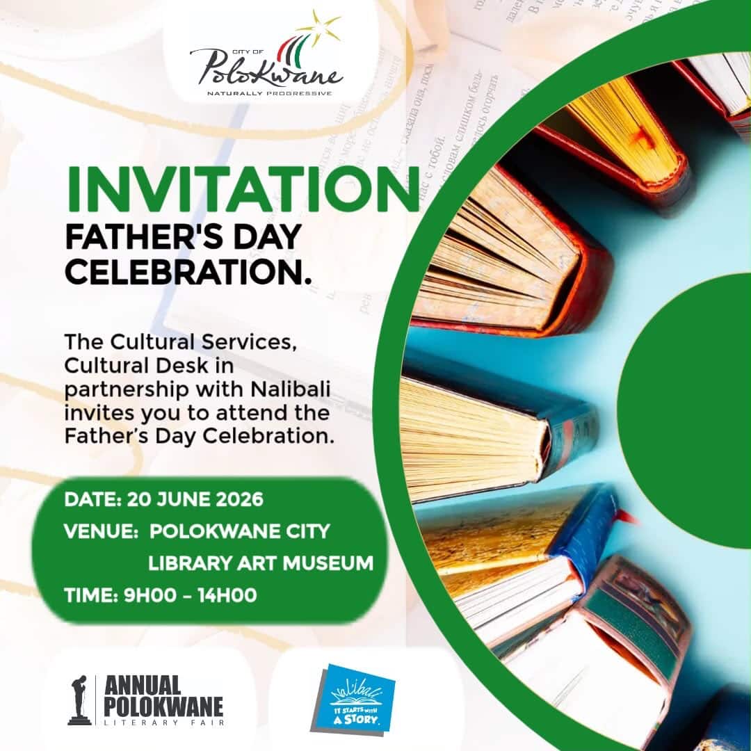 Polokwane Municipality’s Cultural Desk, in partnership with Nal’ibali, invites you to a special Father’s Day Celebration.

Join us as we celebrate fathers and father figures who inspire, nurture, and help children discover the joy of reading and storytelling.

📅 20 June 2026
📍 Polokwane City Library Art Museum
⏰ 09:00 – 15:00

Come celebrate the role fathers play in raising readers and creating lasting memories through stories.

#FathersDay #Nalibali #ItStartsWithAStory #LiteracyForAll