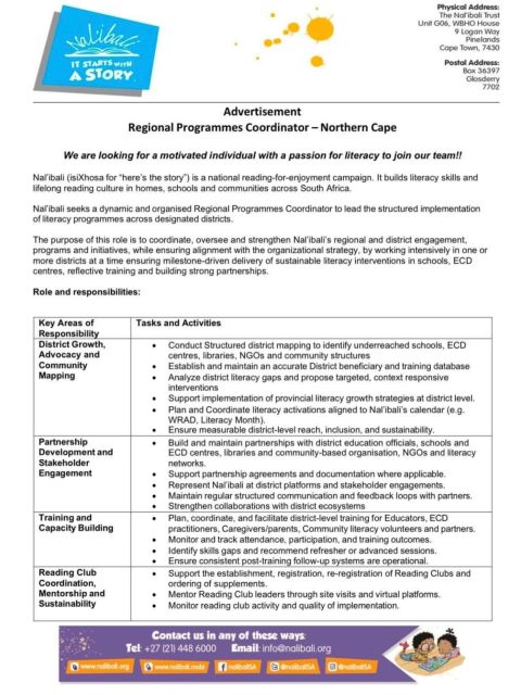 Final Call: Today Is The Last Day To Apply!

This is your last chance to apply for the Regional Programme Coordinator – Northern Cape position.

Join us in creating a stronger culture of reading in Northern Cape communities. If you have the skills, experience and passion to contribute to impactful literacy programmes, don’t miss this opportunity.

Applications close today.

Send your CV and motivational letter to work@nalibali.org

Subject: Regional Programme Coordinator – Northern Cape

Please note: Applications should not be forwarded to info@nalibali.org. Only applications sent to work@nalibali.org will be considered.