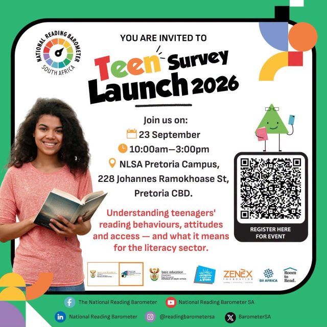 Media invitation.

Members of the media are invited to attend the launch of the National Reading Barometer (NRB) Teen Survey on 23 September 2026, from 10:00 to 15:00 at the National Library of South Africa (NLSA), Pretoria Campus.

The survey explores teenagers’ reading behaviours, attitudes and access to books, providing insights into how we can strengthen reading among teenagers.

📍 Pretoria
📅 23 September 2026
⏰ 10:00–15:00

Scan the QR code to register.